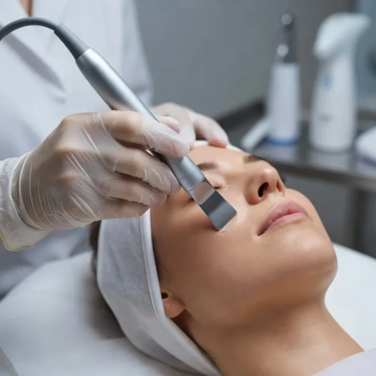 At What Angle is the Ultrasonic Spatula Device Held at During a Facial Treatment With Devices?