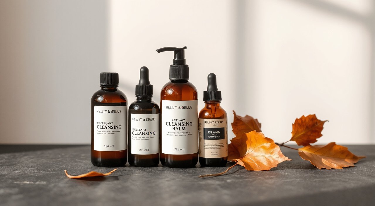 Cleansing balm and oil bottles on a dark surface with soft warm light and autumn leaves