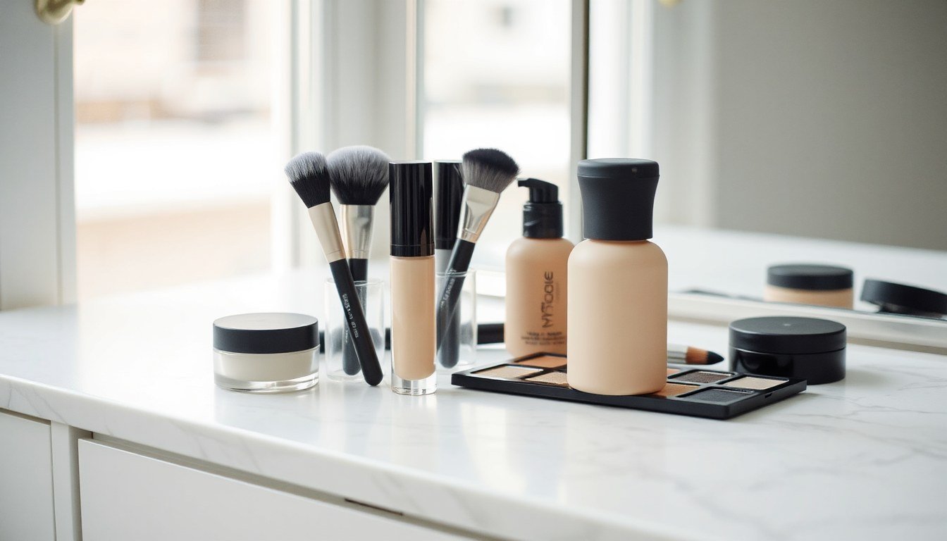 Best Way to Apply Makeup for Oily Skin - makeup brushes and palette on a vanity
