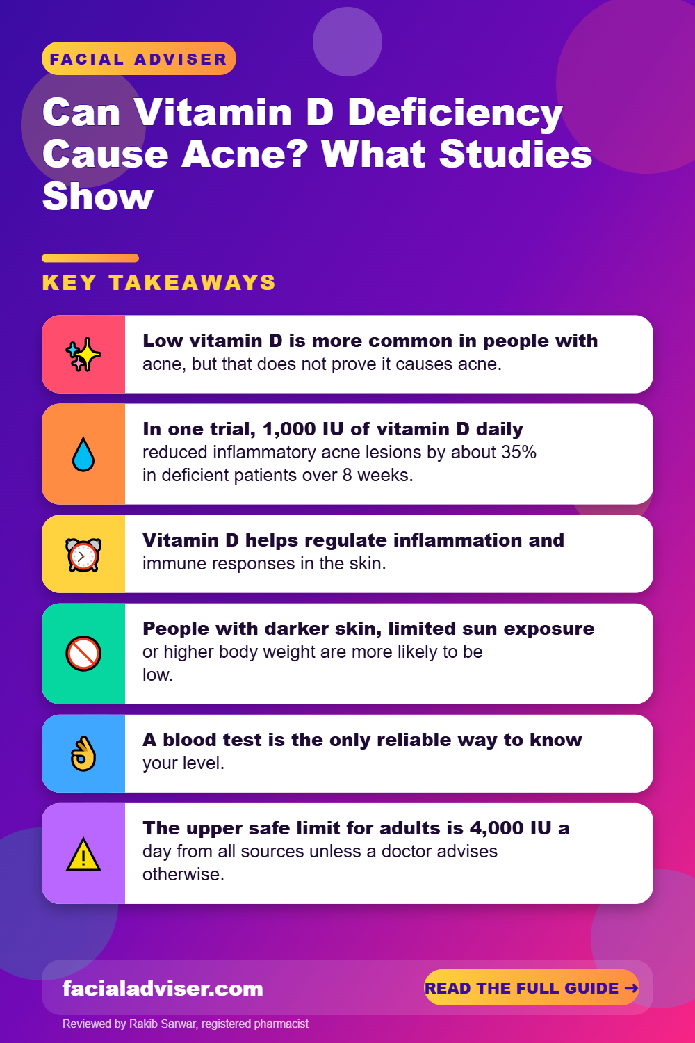 Can Vitamin D Deficiency Cause Acne? What Studies Show: key takeaways infographic