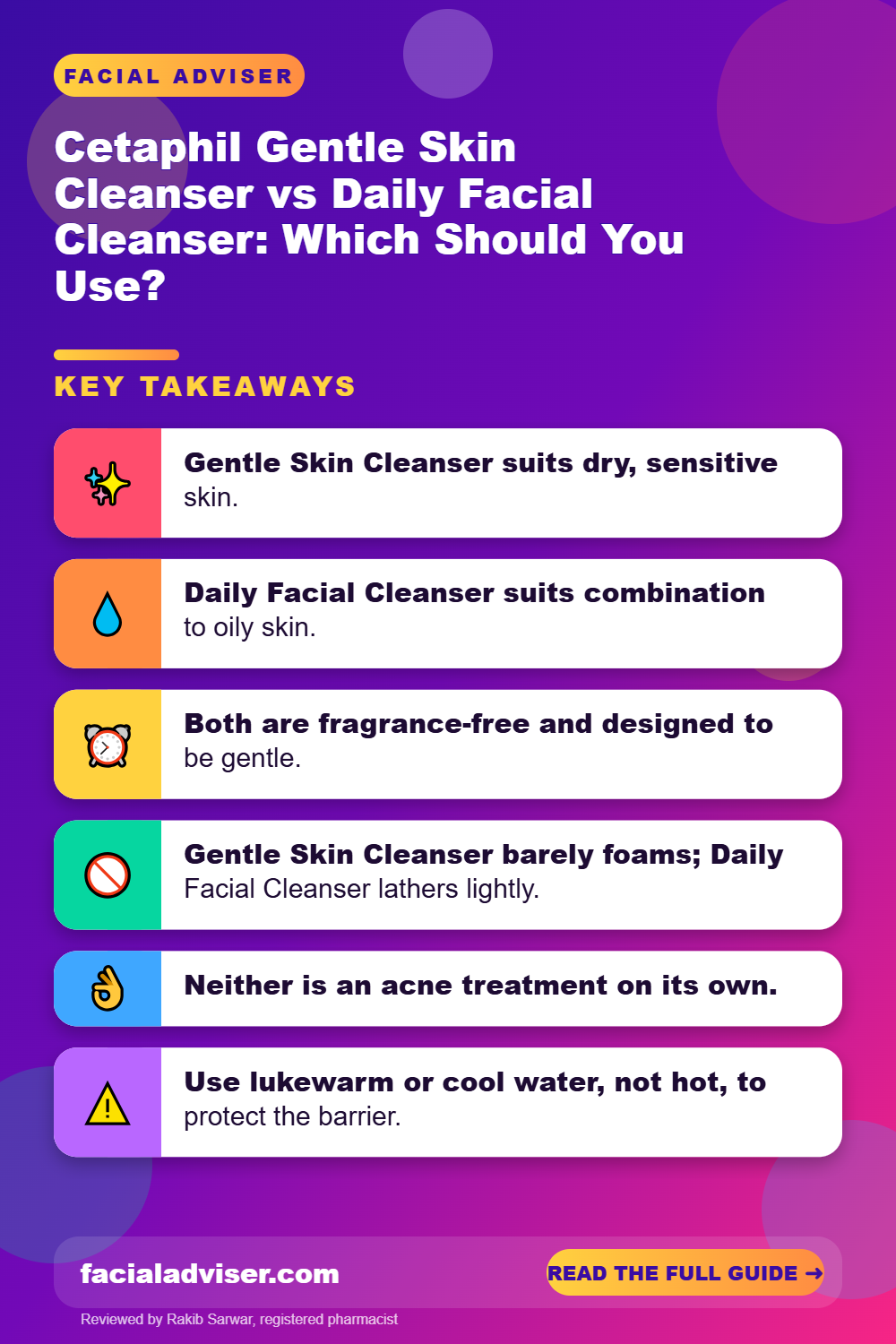 Cetaphil Gentle Skin Cleanser vs Daily Facial Cleanser: Which Should You Use?: key takeaways infographic