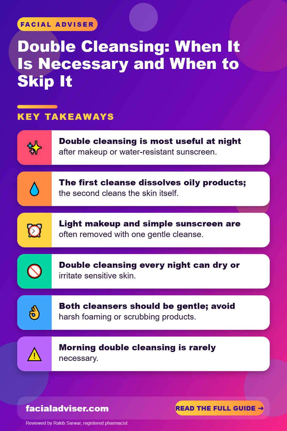 Double Cleansing: When It Is Necessary and When to Skip It: key takeaways infographic