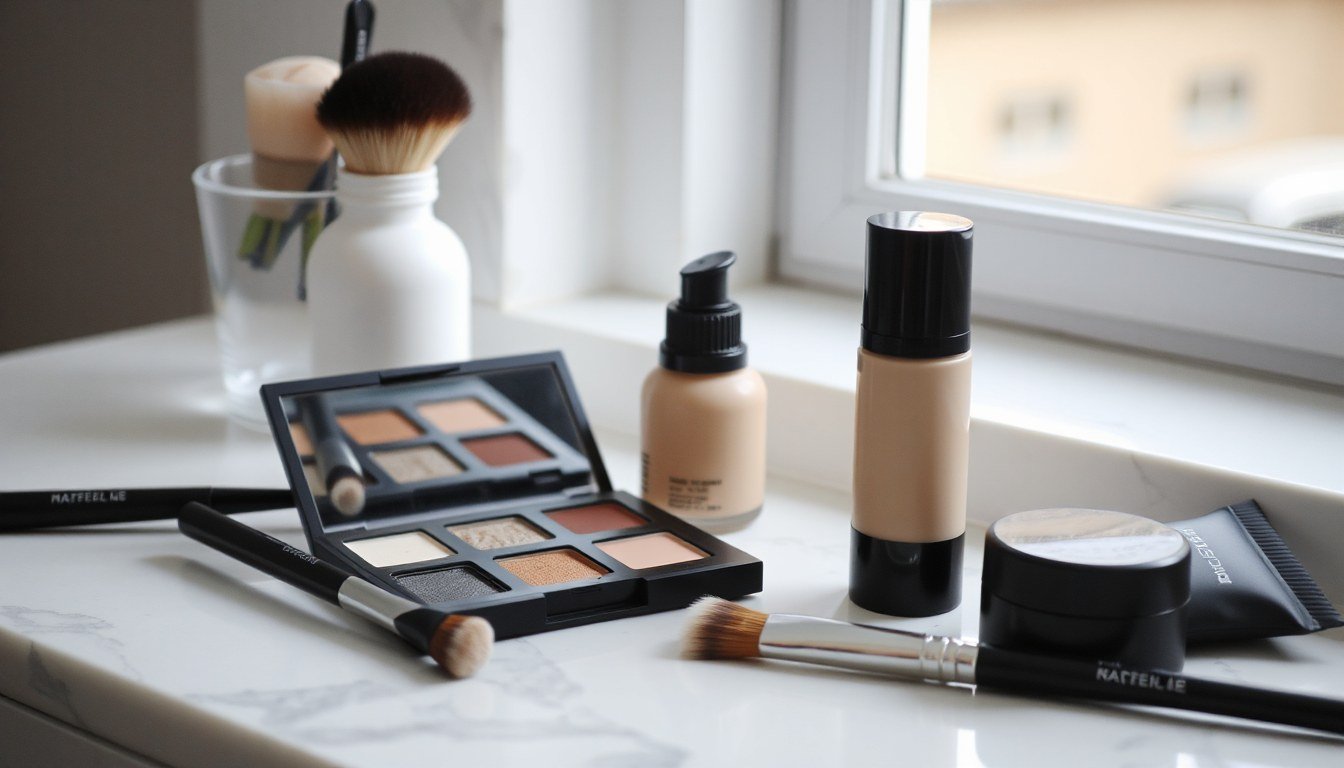 Drybar The Double Shot Oval Blow-Dryer Brush - makeup brushes and palette on a vanity