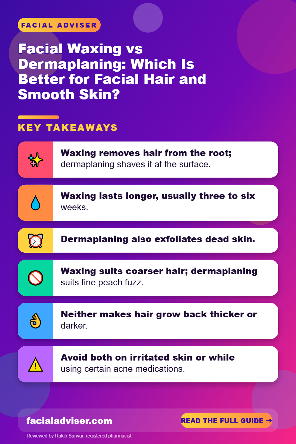 Facial Waxing vs Dermaplaning: Which Is Better for Facial Hair and Smooth Skin?: key takeaways infographic