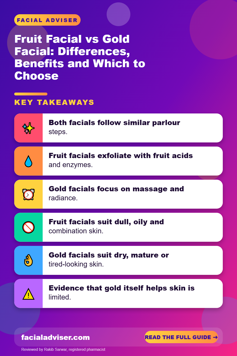 Fruit Facial vs Gold Facial: Differences, Benefits and Which to Choose: key takeaways infographic