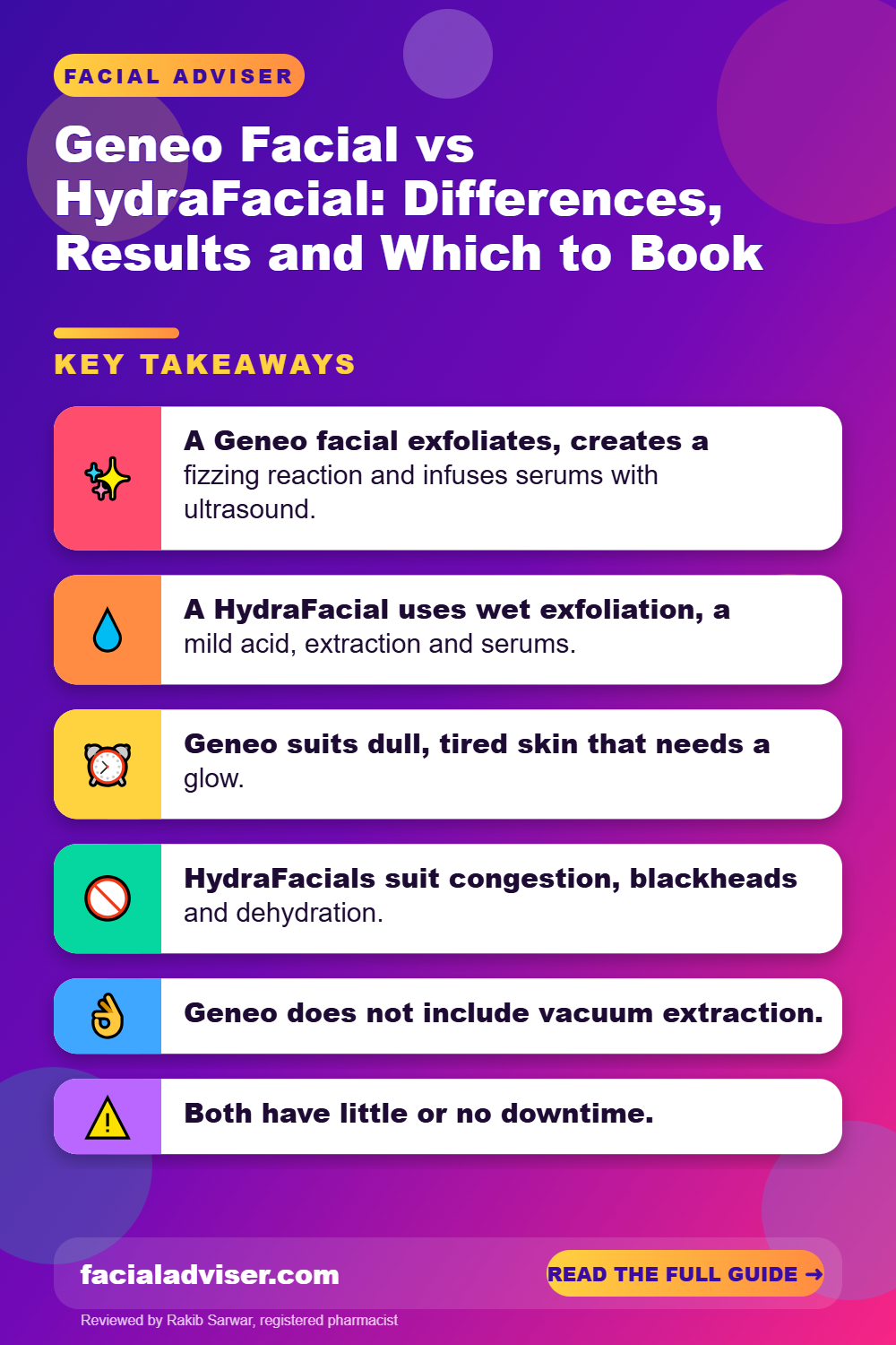 Geneo Facial vs HydraFacial: Differences, Results and Which to Book: key takeaways infographic
