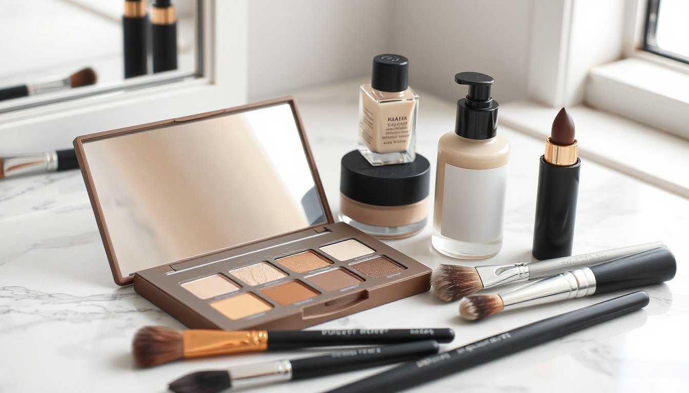 Hourglass Veil Powder Brush - makeup brushes and palette on a vanity