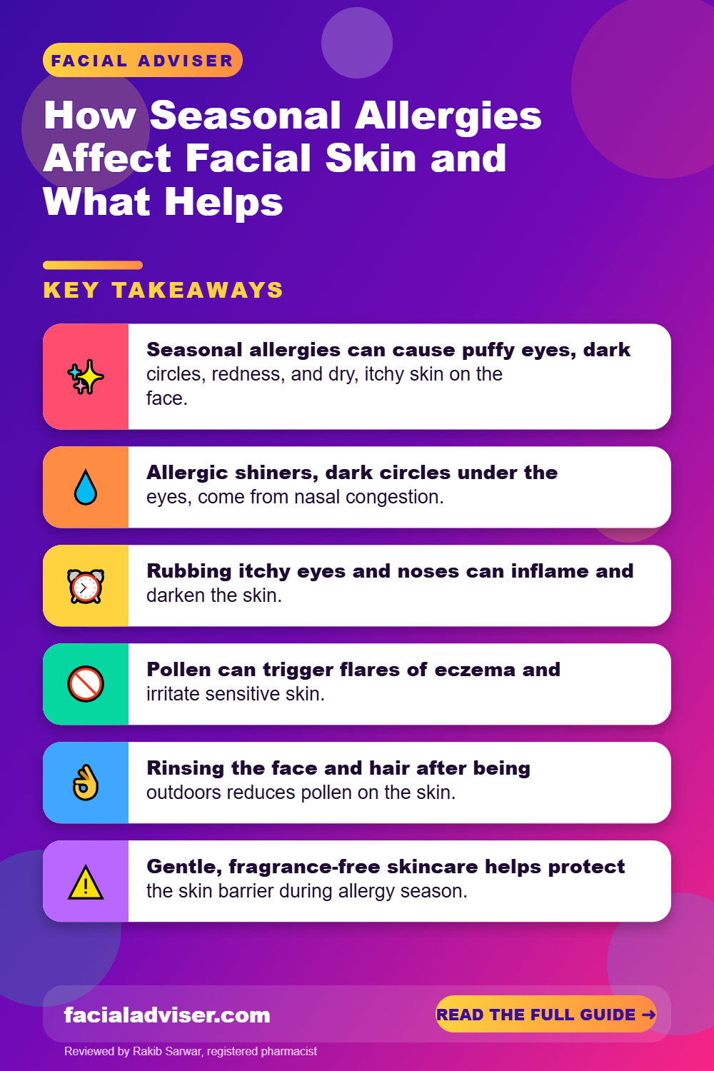 How Seasonal Allergies Affect Facial Skin and What Helps: key takeaways infographic