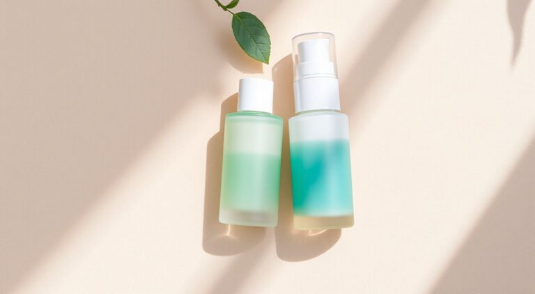 Simple moisturizer and toner bottles on a soft neutral background with a leaf