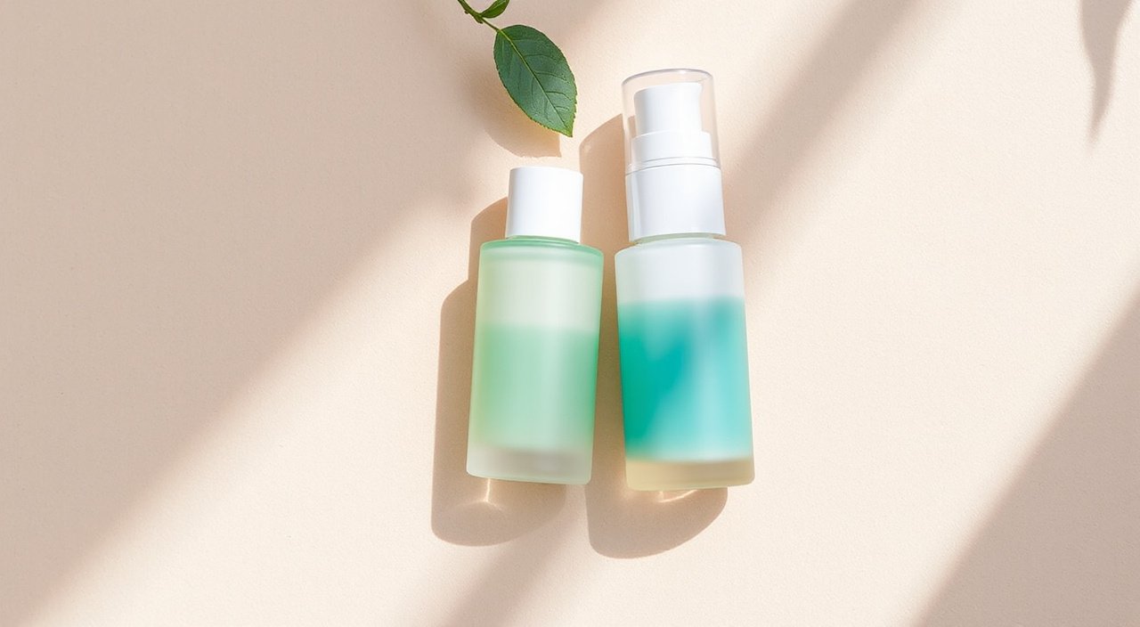 Simple moisturizer and toner bottles on a soft neutral background with a leaf