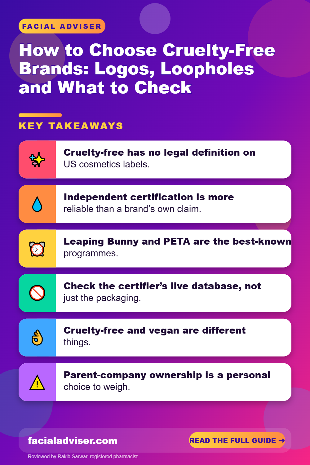 How to Choose Cruelty-Free Brands: Logos, Loopholes and What to Check: key takeaways infographic
