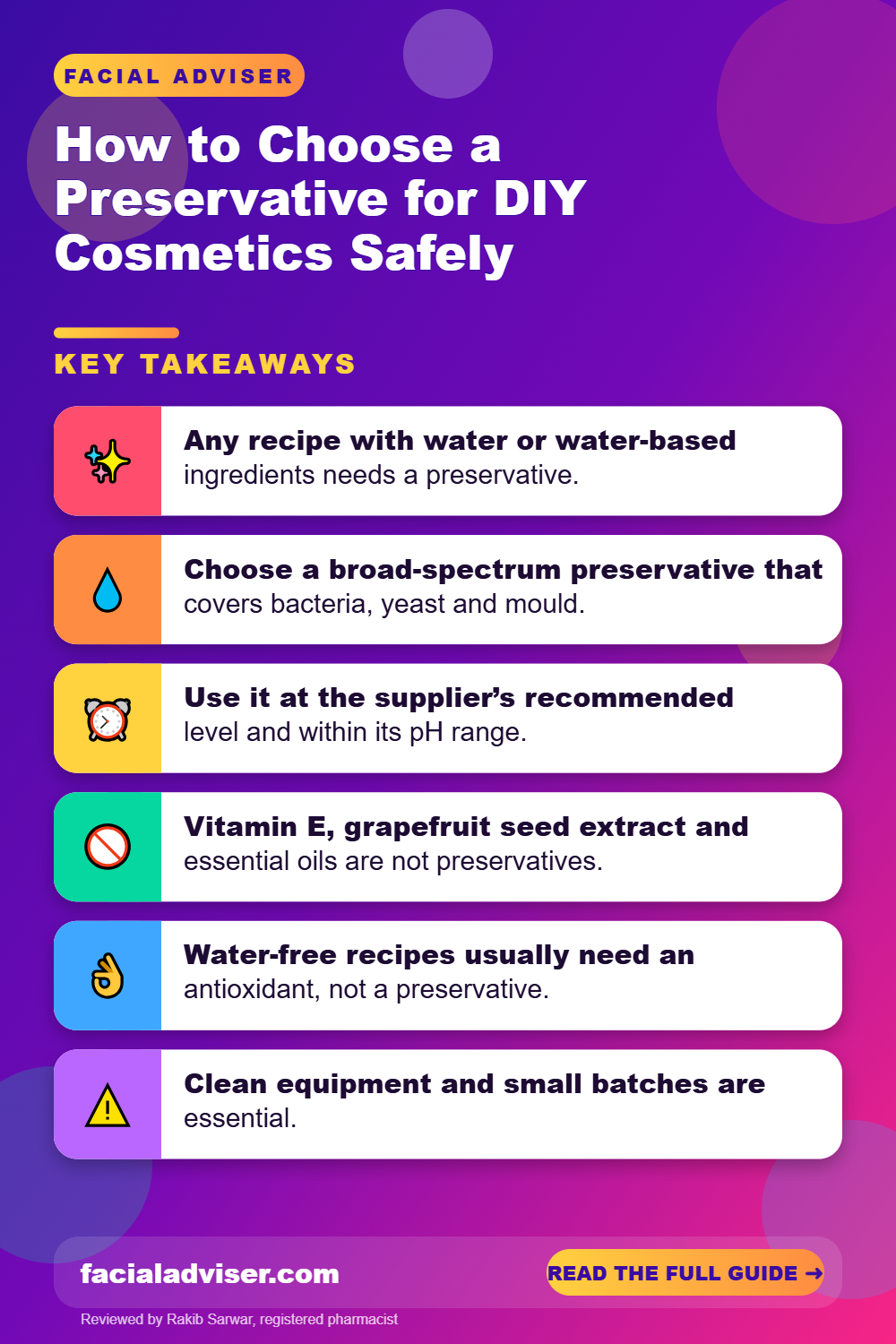 How to Choose a Preservative for DIY Cosmetics Safely: key takeaways infographic