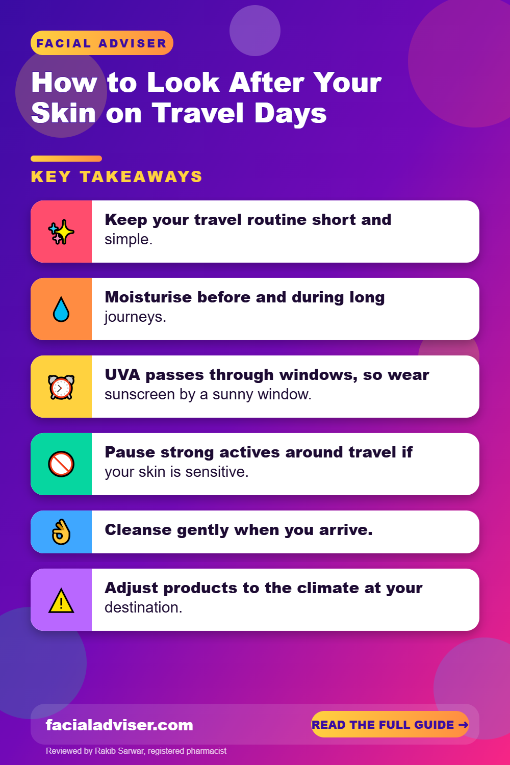 How to Look After Your Skin on Travel Days: key takeaways infographic