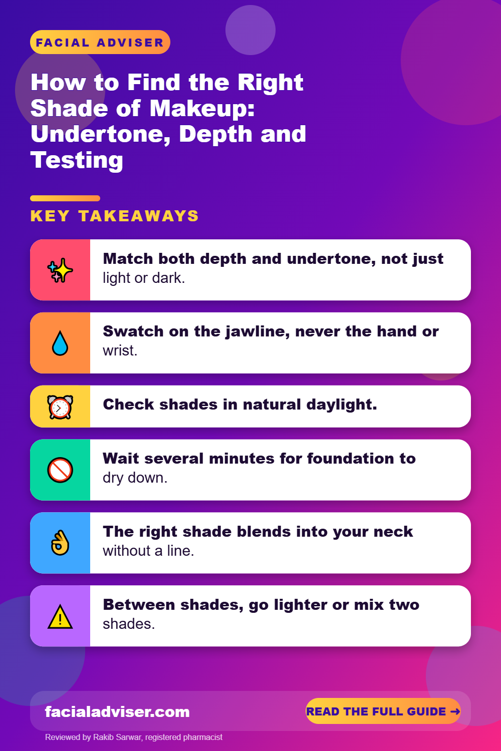 How to Find the Right Shade of Makeup: Undertone, Depth and Testing: key takeaways infographic