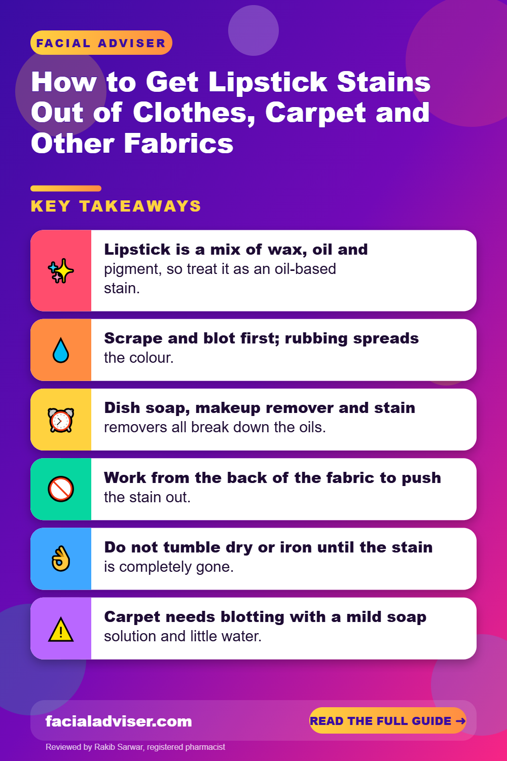 How to Get Lipstick Stains Out of Clothes, Carpet and Other Fabrics: key takeaways infographic