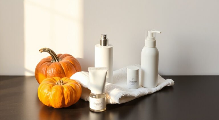 Cleansing products and a soft towel on a dark surface with a pumpkin and warm light