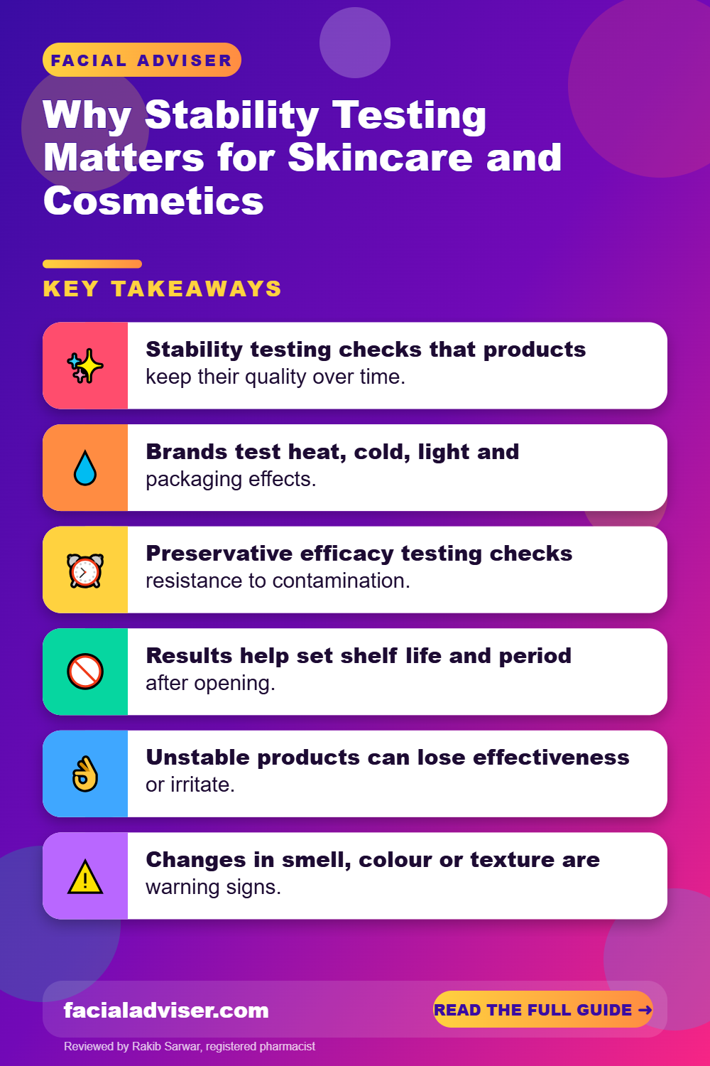 Why Stability Testing Matters for Skincare and Cosmetics: key takeaways infographic