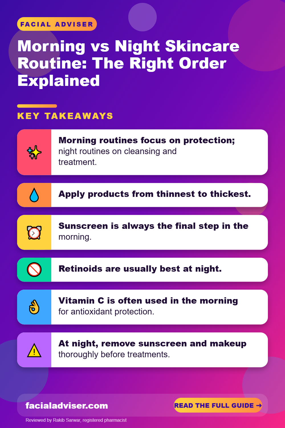 Morning vs Night Skincare Routine: The Right Order Explained: key takeaways infographic