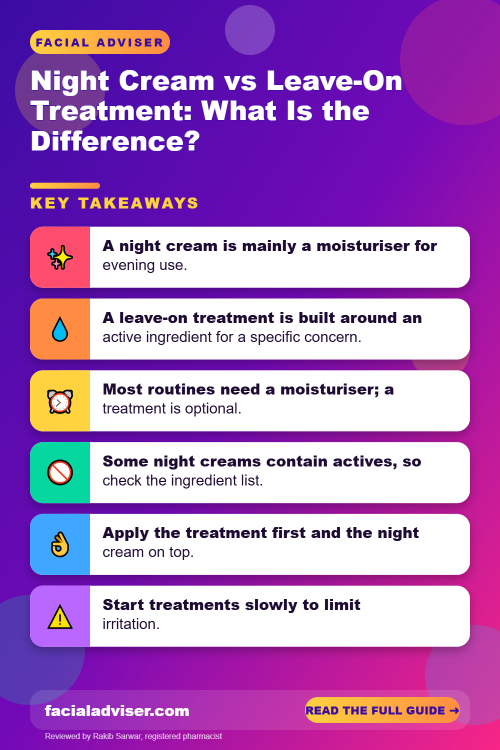 Night Cream vs Leave-On Treatment: What Is the Difference?: key takeaways infographic