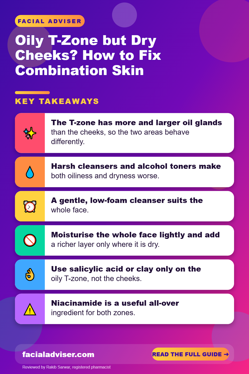 Oily T-Zone but Dry Cheeks? How to Fix Combination Skin: key takeaways infographic
