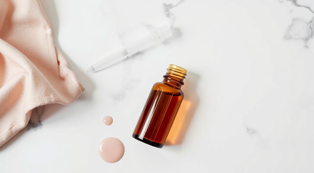 PDRN skincare - dropper bottle with pale pink serum on marble