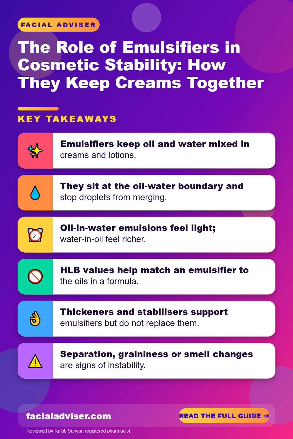 The Role of Emulsifiers in Cosmetic Stability: How They Keep Creams Together: key takeaways infographic