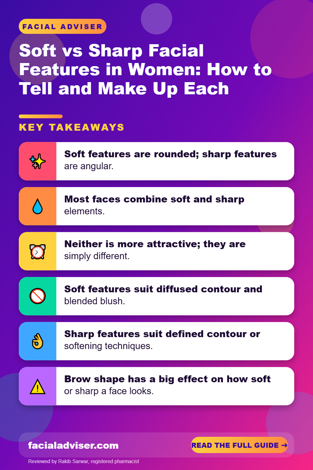 Soft vs Sharp Facial Features in Women: How to Tell and Make Up Each: key takeaways infographic