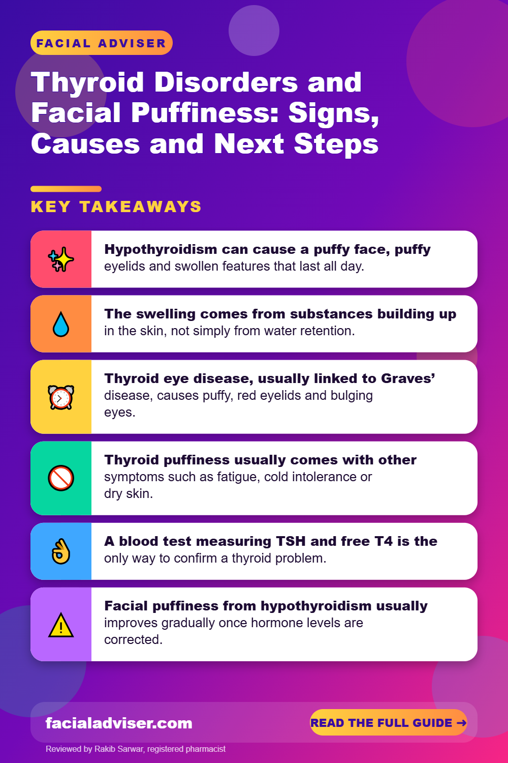 Thyroid Disorders and Facial Puffiness: Signs, Causes and Next Steps: key takeaways infographic