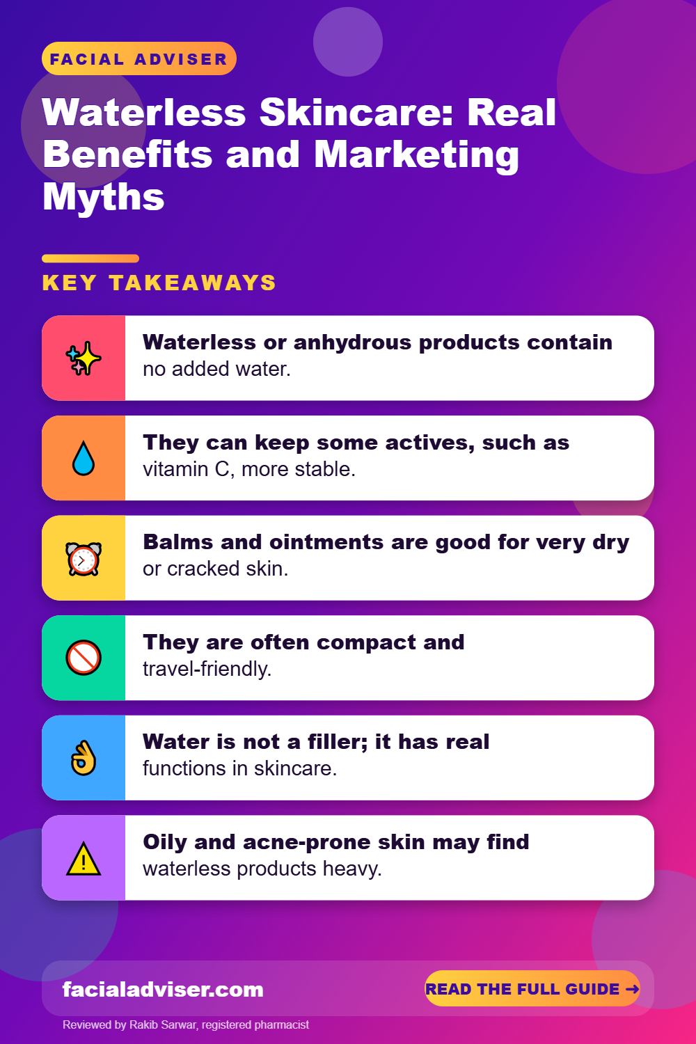 Waterless Skincare: Real Benefits and Marketing Myths: key takeaways infographic