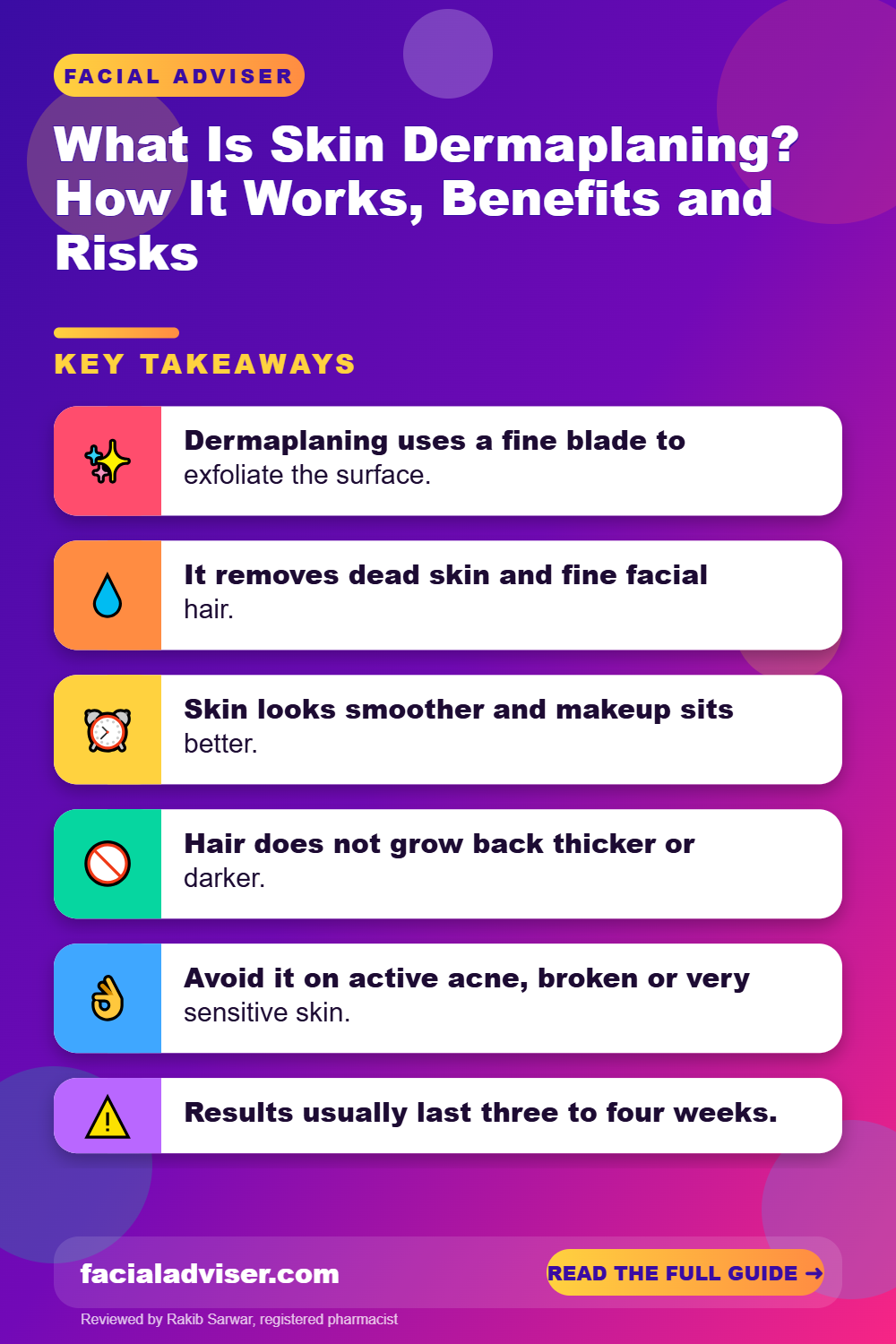 What Is Skin Dermaplaning? How It Works, Benefits and Risks: key takeaways infographic