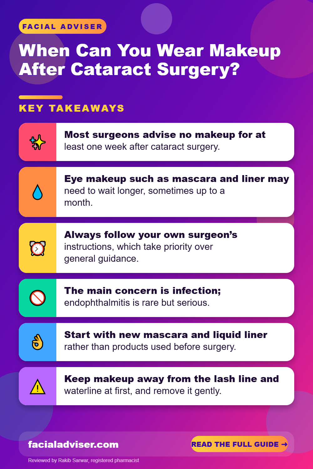 When Can You Wear Makeup After Cataract Surgery?: key takeaways infographic