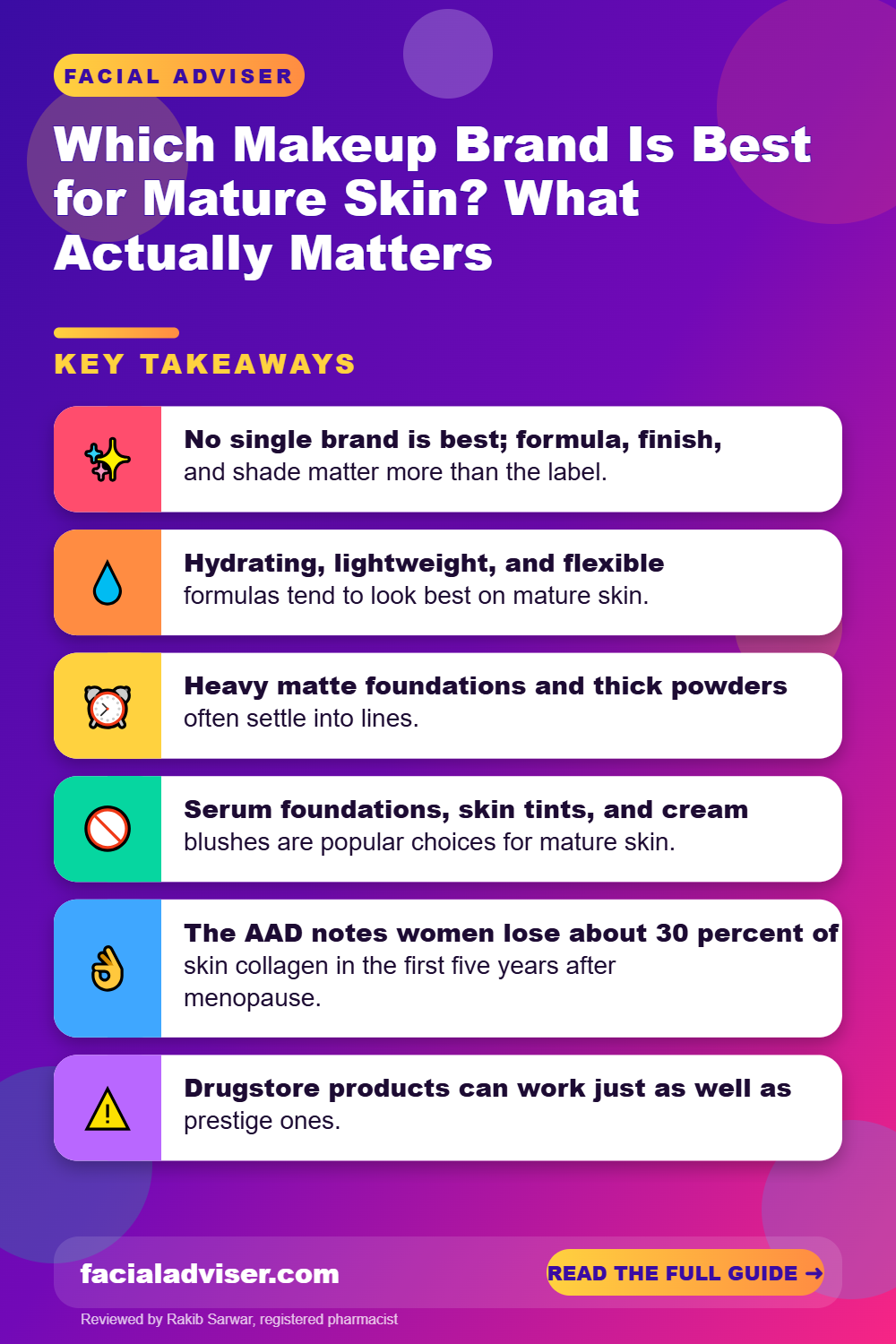 Which Makeup Brand Is Best for Mature Skin? What Actually Matters: key takeaways infographic