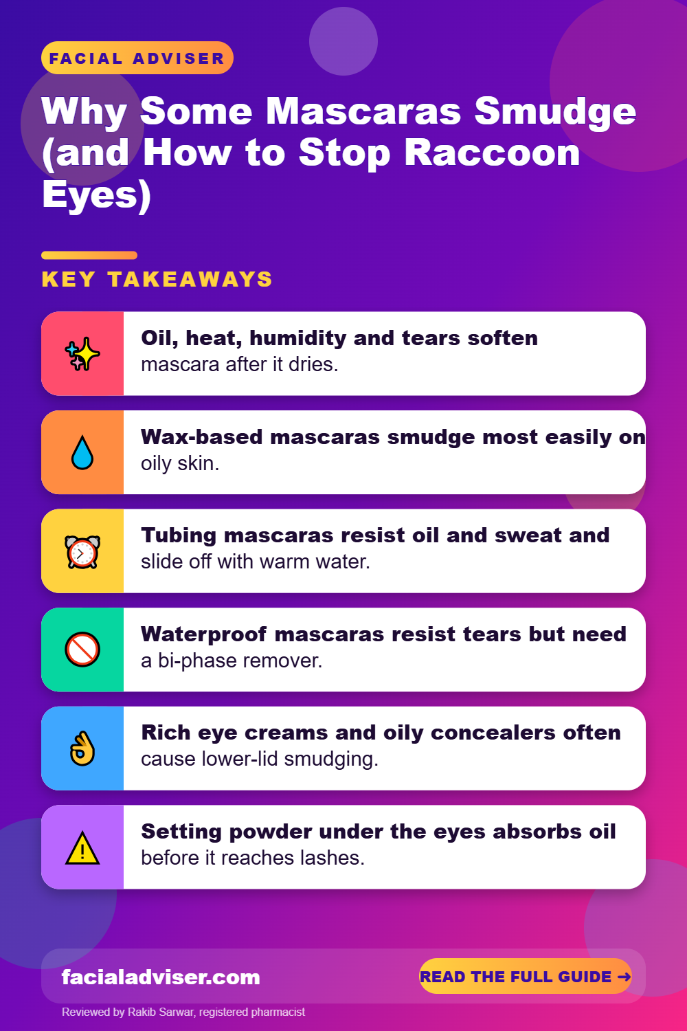 Why Some Mascaras Smudge (and How to Stop Raccoon Eyes): key takeaways infographic
